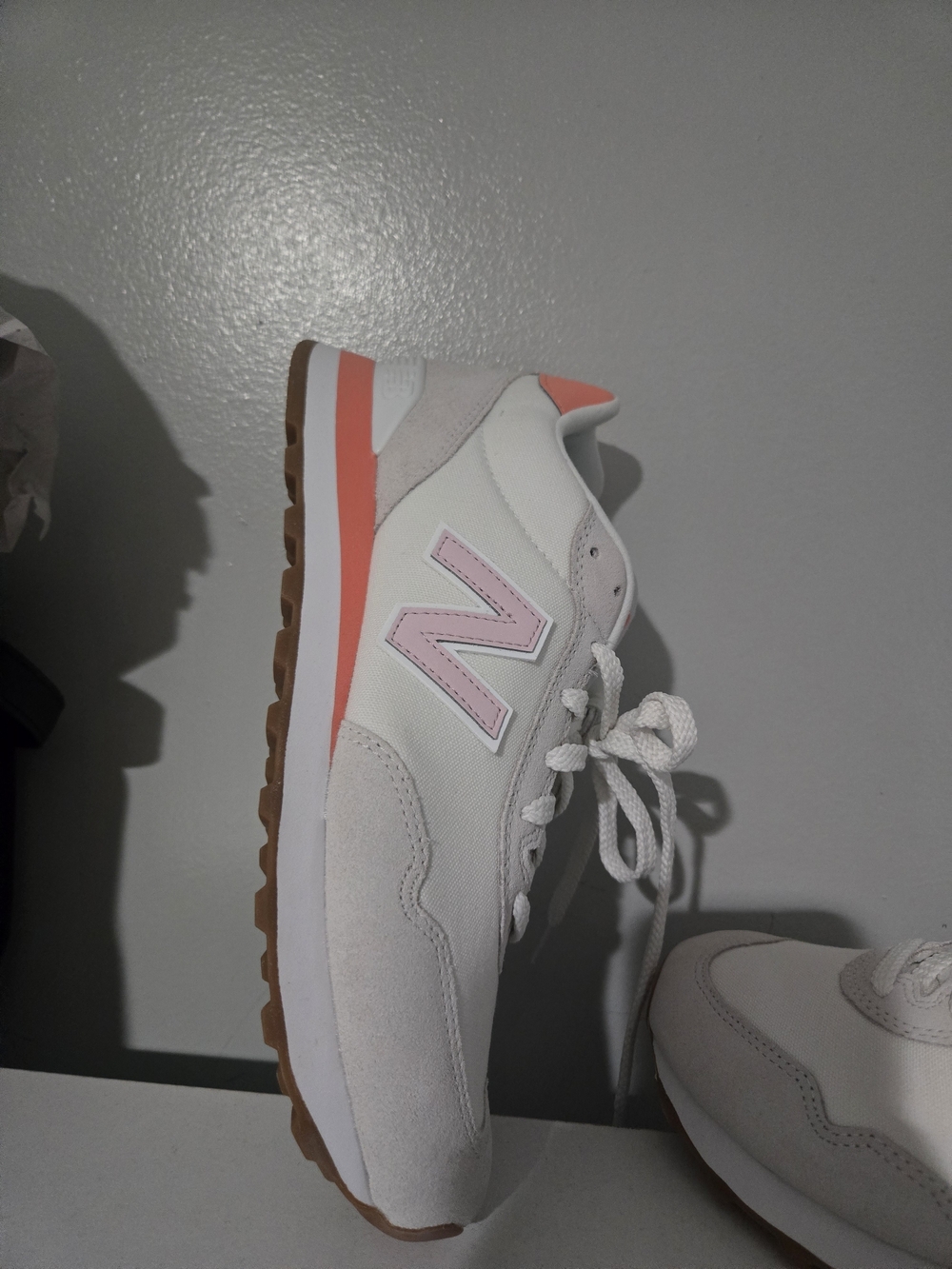 New Balance 515 White Sneakers with Coral Logo Accent - Picture 4 of 13